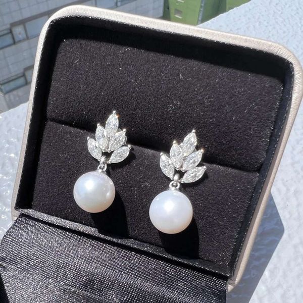 Vintage 4Ctw Marquise Diamond 10Mm Rounded Freshwater Pearl White Gold Bridal Earrings For Summer Wedding