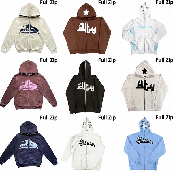 Y2k Mens Hoodies Hip Hop Full Zip Up Rhinestone Hoodie Men Gothic Streetwear Long Sleeve Oversized Anime Sweatshirt Punk Star Letter Printed