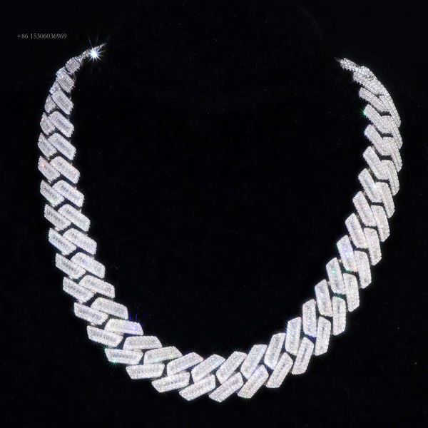 Hiphop Necklace Sterling Sier Iced Out 18Mm Baguette Moissanite Cuban Chain