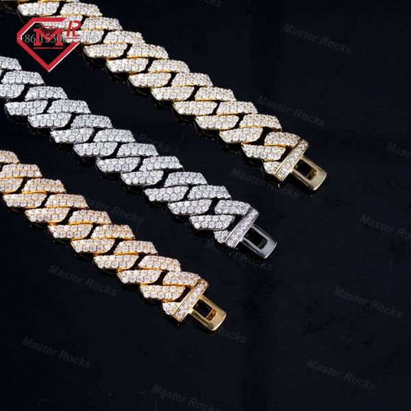 Hiphop Ice Out Prong 14Mm 2 Rows Vvs Moissanite Sterling Sier Miami Cuban Link Chain