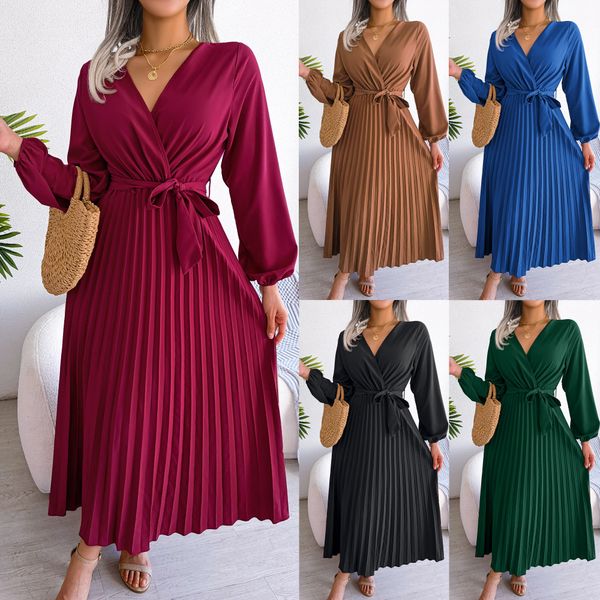 Ins Hot Shot: European and American Spring/Summer Elegant Cross V-neck Large Fold Long Dress 2023 New Trendy and Elegant Women's Wear