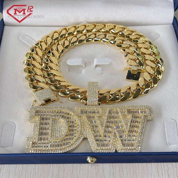 Men Thick Miami Hip Hop Plain Yellow Gold Plated With Letter Initial Pendant Moissanite Cuban Link Chain Necklace