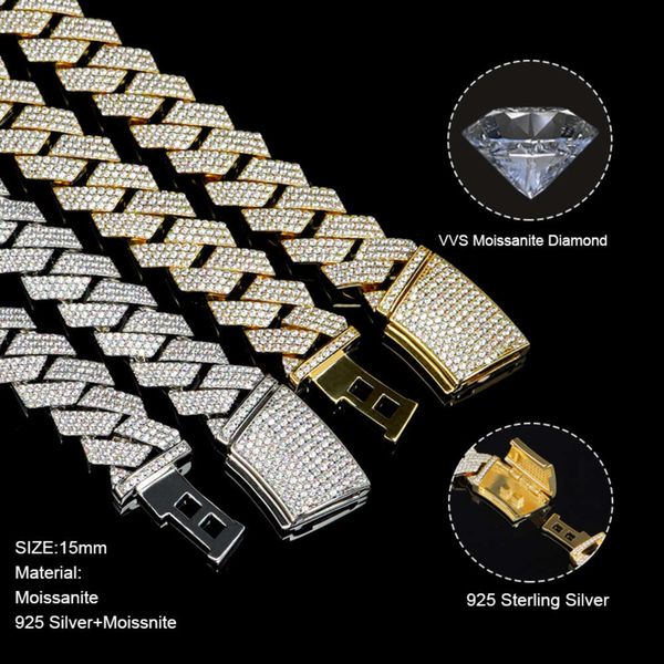 Vvs Moissanite Diamonds Pass Tester Miami Cuban Chain 15Mm Sterling Sier Fine Quality Box Clasp Hiphop Necklace